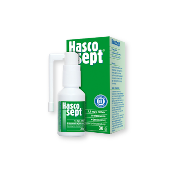 Hascosept, 1,5 mg/g, aerozol do stosowania w jamie ustnej, 30 g - zdjęcie produktu