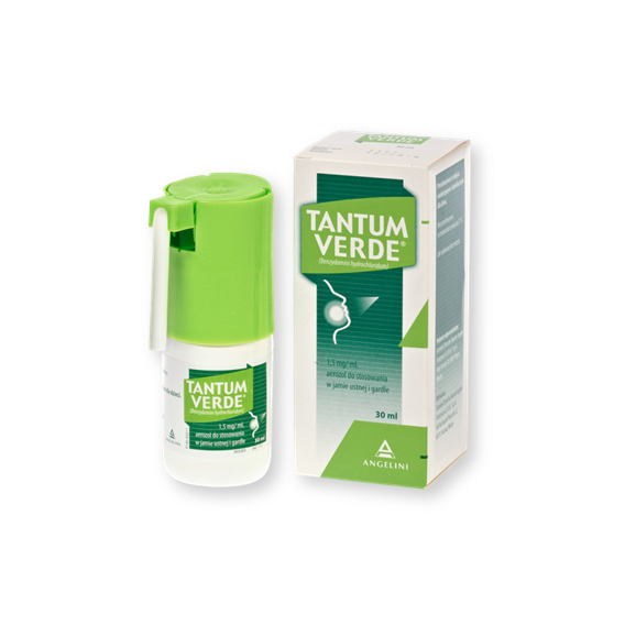 Tantum Verde, 1,5 mg/ml, aerozol do stosowania w jamie ustnej i gardle, 30 ml - zdjęcie produktu