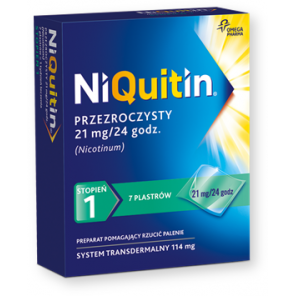 Niquitin przezroczysty, 21 mg/24 h, system transdermalny 114 mg, stopień 1, plastry, 7 szt. - zdjęcie produktu