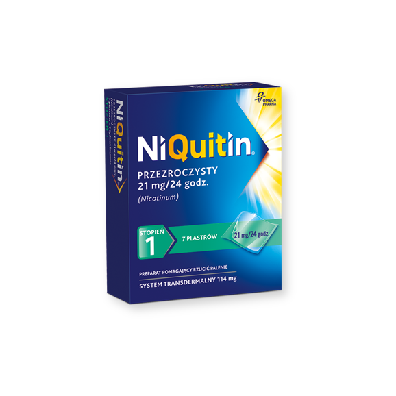 Niquitin przezroczysty, 21 mg/24 h, system transdermalny 114 mg, stopień 1, plastry, 7 szt. - zdjęcie produktu