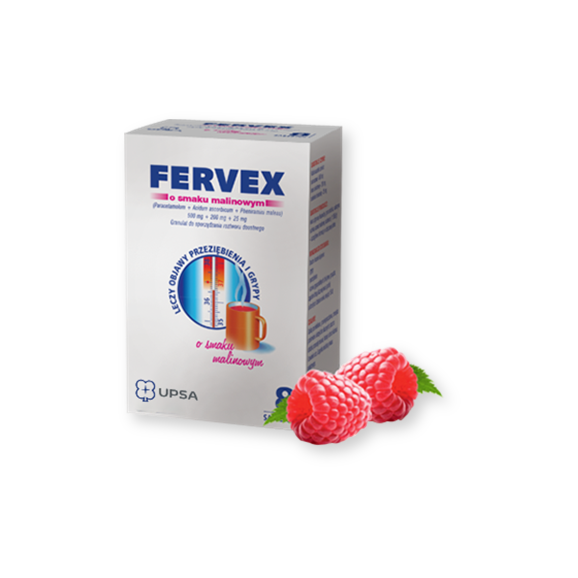 Fervex o smaku malinowym, granulat w saszetkach do sporządzania roztworu doustnego, 8 szt. - zdjęcie produktu