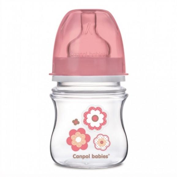 Canpol EasyStart, butelka szerokootworowa, antykolkowa, Newborn Baby, 0-3 miesiąca, różowe kwiatki, 120 ml - zdjęcie produktu