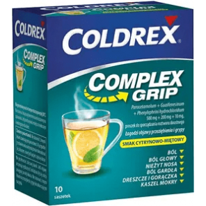 Coldrex Complex Grip, proszek do sporządzania roztworu doustnego, smak cytrynowo-miętowy, saszetki, 10 szt. - zdjęcie produktu