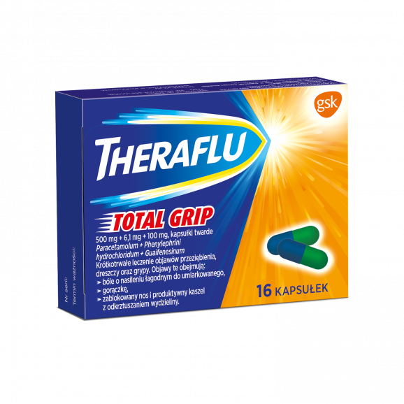 Theraflu Total Grip, 500 mg + 6,1 mg + 100 mg, kapsułki twarde, 16 szt. - zdjęcie produktu