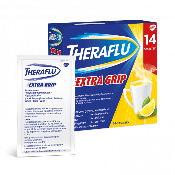 Theraflu Extra Grip 650 mg + 10 mg + 20 mg Lek wieloskładnikowy, saszetki, 14 szt. - zdjęcie produktu