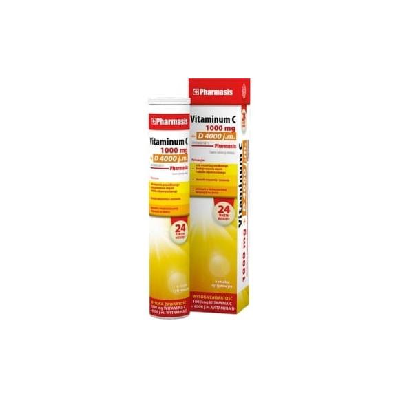 Vitaminum C 1000 mg + D 4000 j.m, Pharmasis, smak cytrynowy, tabletki musujące, 24 szt. - zdjęcie produktu