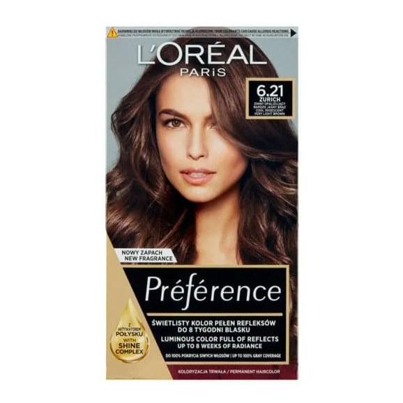 Farba do włosów L’Oréal Paris Preference, 6.21 Zurich ZIMNY OPALIZUJĄCY BARDZO JASNY BRĄZ, 1 szt. - zdjęcie produktu