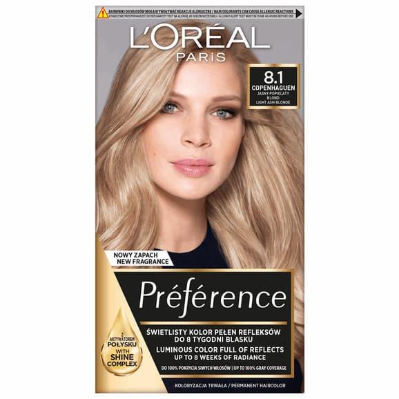 Farba do włosów L’Oréal Paris Preference, 8.1 Copenhague JASNY POPIELATY BLOND, 1 szt. Farba do włosów L’Oréal Paris Preference, 8.1 Copenhague JASNY POPIELATY BLOND, 1 szt. - zdjęcie produktu