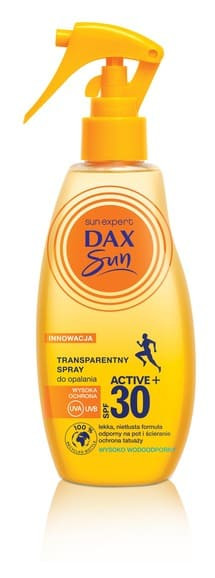 DAX Sun Active+, spray do opalania SPF30, transparentny, 200 ml