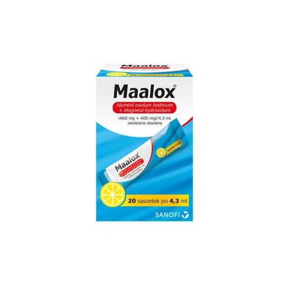 Maalox, 460 mg + 400 mg/4,3 ml, zawiesina doustna w saszetkach, 20 szt. - zdjęcie produktu