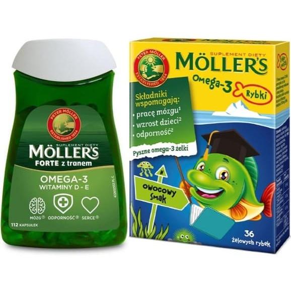 Zestaw Mollers Forte Omega-3 z tranem, kapsułki, 112 szt. + Mollers Omega-3 Rybki, owocowe, 36 szt. - zdjęcie produktu