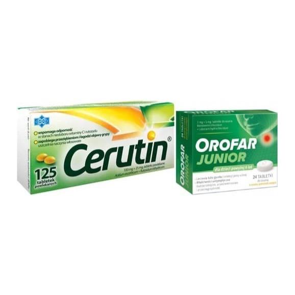 Zestaw Orofar Junior, 1 mg+1 mg, tabletki do ssania, 24 szt. + Cerutin, 100 mg+25 mg, tabletki powlekane, 125 szt. - zdjęcie produktu