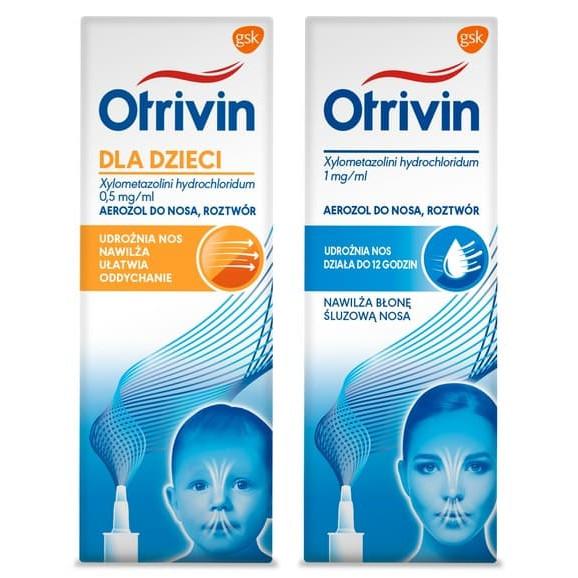 Zestaw Otrivin 1 mg/ml, aerozol do nosa, 10 ml + Otrivin dla dzieci 0,5 mg/ml, aerozol do nosa, 10 ml - zdjęcie produktu
