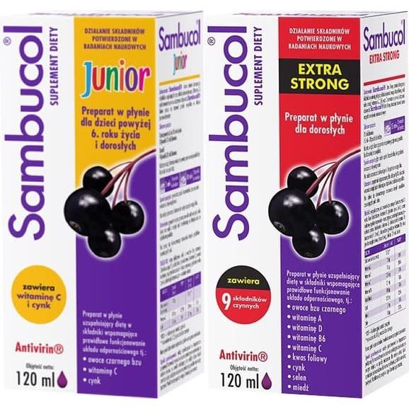Zestaw Sambucol Junior, płyn, 120 ml + Sambucol Extra Strong, płyn, 120 ml - zdjęcie produktu