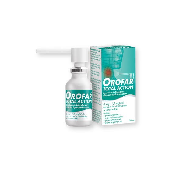 Orofar Total Action, 2 mg+1,5 mg/ml, aerozol do stosowania w jamie ustnej, 30 ml - zdjęcie produktu