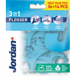 Jordan Flosser 3 w 1, nić dentystyczna, wykałaczka, czyścić do języka, 36+14 szt. - zdjęcie produktu