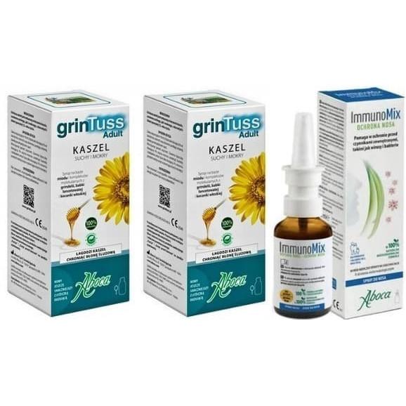 Zestaw 2x GrinTuss Adult, syrop na kaszel suchy i mokry, 210 g + Immunomix spray 30 ml - zdjęcie produktu