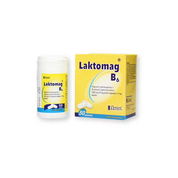 Laktomag B6, 1000 mg (70 mg jonów magnezu) + 5 mg, tabletki, 50 szt. Laktomag B6, 1000 mg (70 mg jonów magnezu) + 5 mg, tabletki, 50 szt. - zdjęcie produktu