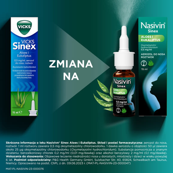Nasivin Sinex Aloes i Eukaliptus (Vicks Sinus), aerozol do nosa, 15 ml Nasivin Sinex Aloes i Eukaliptus (Vicks Sinus), aerozol do nosa, 15 ml - zdjęcie produktu