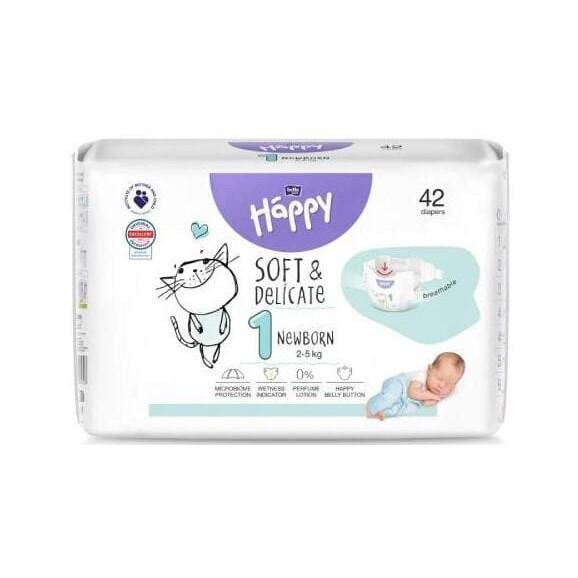 Bella Happy Soft & Delicate, pieluszki, rozmiar 1 Newborn 2-5 kg, 42 szt. - zdjęcie produktu