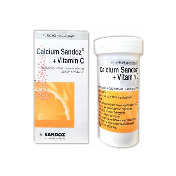 Calcium Sandoz + Vitamina C, smak pomarańczowy, tabletki musujące, 10 szt. - zdjęcie produktu