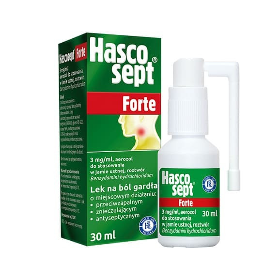Hascosept Forte, 3 mg/ml, aerozol do stosowania w jamie ustnej, 30 ml Hascosept Forte, 3 mg/ml, aerozol do stosowania w jamie ustnej, 30 ml - zdjęcie produktu