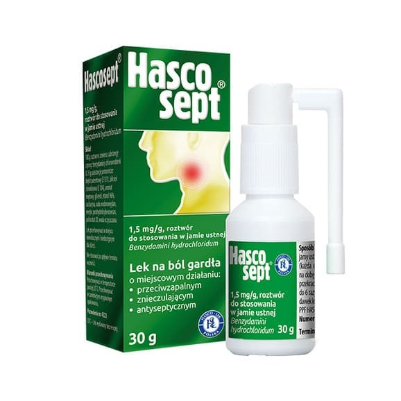 Hascosept, 1,5 mg/g, aerozol do stosowania w jamie ustnej, 30 g Hascosept, 1,5 mg/g, aerozol do stosowania w jamie ustnej, 30 g - zdjęcie produktu