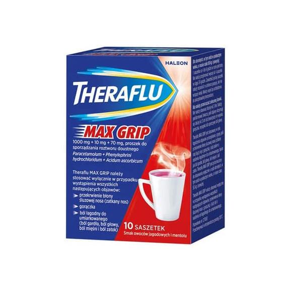 Theraflu Max Grip 1000 mg + 70 mg + 10 mg, proszek do sporządzania roztworu doustnego, smak owoców jagodowych i mentolu, sasze Theraflu Max Grip 1000 mg + 70 mg + 10 mg, proszek do sporządzania roztworu doustnego, smak owoców jagodowych i mentolu, sasze - zdjęcie produktu