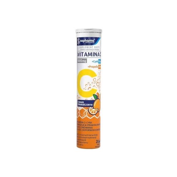 Sopharma Witamina C + Cynk + Propolis, tabletki musujące, smak pomarańczowy, 20 szt. - zdjęcie produktu