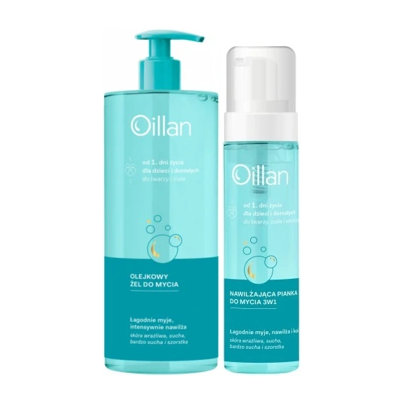 Oillan, olejkowy żel do mycia, 750ml + Oillan, nawilżająca pianka do mycia ciała i włosów 3w1, 200 ml + torba - zdjęcie produktu