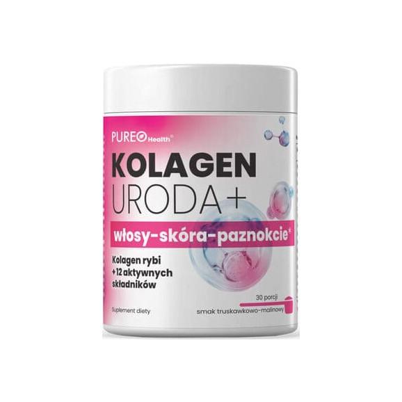Pureo Health Kolagen Uroda+ włosy-skóra-paznokcie, smak truskawka i malina, proszek, 129 g - zdjęcie produktu