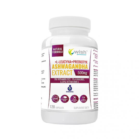 Wish Ashwagandha Extract 500 mg + L-leucyna + Prebiotyk, kapsułki, 120 szt. - zdjęcie produktu