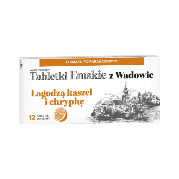 Tabletki Emskie z Wadowic, tabletki do ssania, smak pomarańczowy, 12 szt Tabletki Emskie z Wadowic, tabletki do ssania, smak pomarańczowy, 12 szt - zdjęcie produktu
