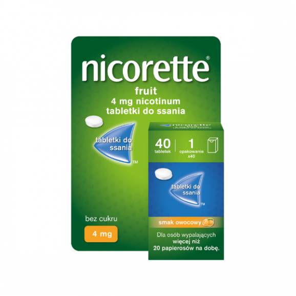 Nicorette Fruit 4 mg, tabletki do ssania, 40 szt. Nicorette Fruit 4 mg, tabletki do ssania, 40 szt. - zdjęcie produktu