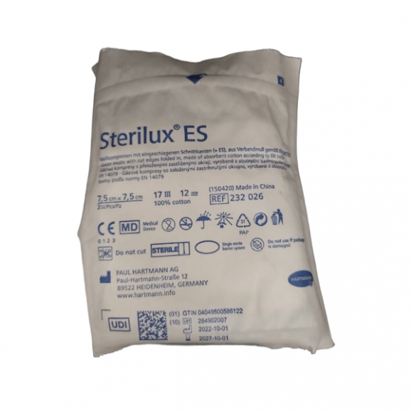 Sterilux ES, kompresy jałowe z gazy, 17-nitkowe, 12-warstwowe 7,5 cm x 7,5 cm, 3 szt Sterilux ES, kompresy jałowe z gazy, 17-nitkowe, 12-warstwowe 7,5 cm x 7,5 cm, 3 szt - zdjęcie produktu