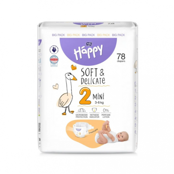 Bella Happy Soft & Delicate, pieluszki, rozmiar 2 Mini 3-6 kg, 78 szt. Bella Happy Soft & Delicate, pieluszki, rozmiar 2 Mini 3-6 kg, 78 szt. - zdjęcie produktu