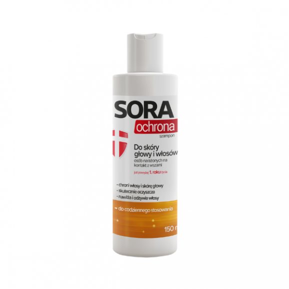 Sora Ochrona, szampon do skóry głowy i włosów, dla osób narażonych na kontakt z wszami, 150 ml Sora Ochrona, szampon do skóry głowy i włosów, dla osób narażonych na kontakt z wszami, 150 ml - zdjęcie produktu