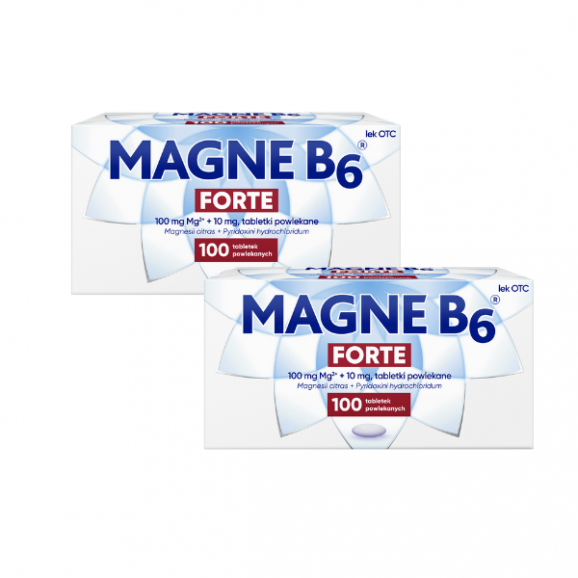 Magne B6 Forte, 100 mg+10 mg, tabletki powlekane, 2 x 100 szt. Magne B6 Forte, 100 mg+10 mg, tabletki powlekane, 2 x 100 szt. - zdjęcie produktu