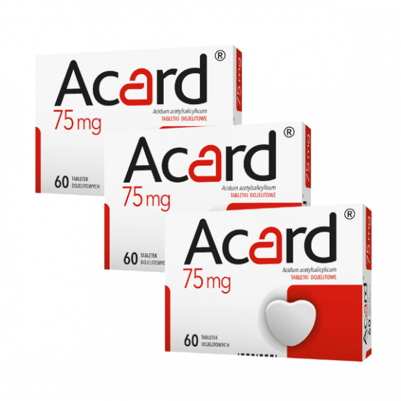 Acard, 75 mg, tabletki dojelitowe powlekane, 3 x 60 szt. Acard, 75 mg, tabletki dojelitowe powlekane, 3 x 60 szt. - zdjęcie produktu