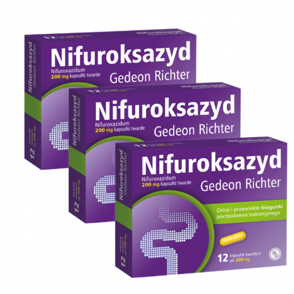 Nifuroksazyd Gedeon Richter, 200 mg, kapsułki twarde, 3 x 12 szt. Nifuroksazyd Gedeon Richter, 200 mg, kapsułki twarde, 3 x 12 szt. - zdjęcie produktu