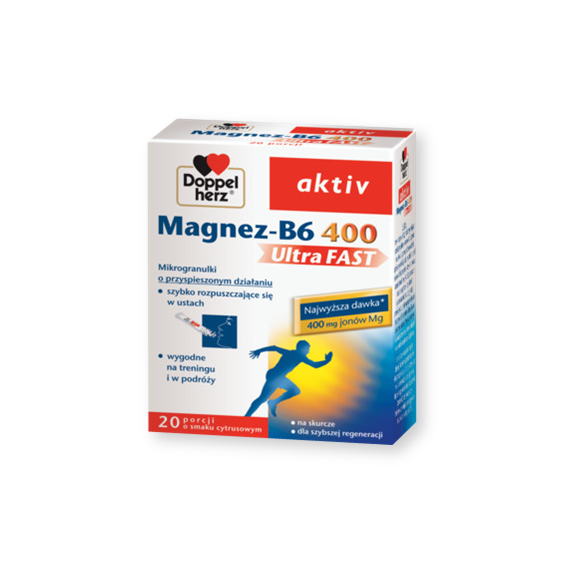 Doppelherz aktiv Magnez-B6 UltraFAST 400, granulki musujące w saszetkach, 20 szt. Doppelherz aktiv Magnez-B6 UltraFAST 400, granulki musujące w saszetkach, 20 szt. - zdjęcie produktu