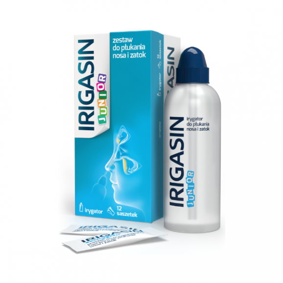 Irigasin Junior, zestaw do płukania nosa i zatok, irygator + saszetki, 12 szt. Irigasin Junior, zestaw do płukania nosa i zatok, irygator + saszetki, 12 szt. - zdjęcie produktu