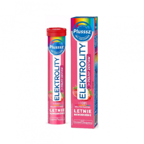 Plusssz Elektrolity Pełny Zestaw + 100% Multiwitamina Letnie Nawodnienie, smak poziomka & truskawka, tabletki musujące, 24 szt - zdjęcie produktu