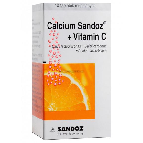 Calcium Sandoz + Vitamina C, smak pomarańczowy, tabletki musujące, 10 szt. - zdjęcie produktu