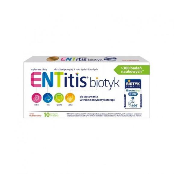 ENTitis Biotyk, od 3 lat, smak truskawkowy, 10 tabletek do ssania ENTitis Biotyk, od 3 lat, smak truskawkowy, 10 tabletek do ssania - zdjęcie produktu