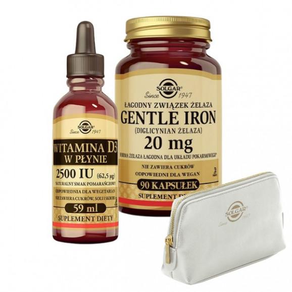 Zestaw Solgar Witamina D3 w płynie 2500 IU + Gentle Iron (żelazo) + kosmetyczka Zestaw Solgar Witamina D3 w płynie 2500 IU + Gentle Iron (żelazo) + kosmetyczka - zdjęcie produktu