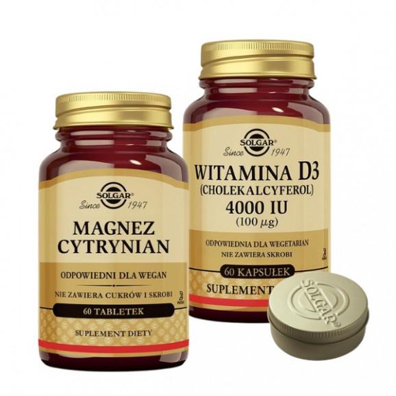 Zestaw Solgar Magnez Cytrynian + Witamina D3 4000 IU + pojemnik na leki Zestaw Solgar Magnez Cytrynian + Witamina D3 4000 IU + pojemnik na leki - zdjęcie produktu