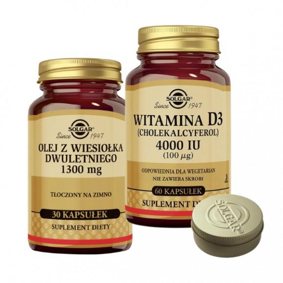 Zestaw Solgar Witamina D3 4000 IU + Olej z Wiesiołka Dwuletniego + pojemnik na leki Zestaw Solgar Witamina D3 4000 IU + Olej z Wiesiołka Dwuletniego + pojemnik na leki - zdjęcie produktu