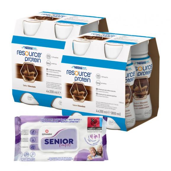 Resource Protein Preparat odżywczy, smak czekoladowy, 8 x 200 ml + GRATIS Opharm Senior Comfort Chusteczki nawilżane, 72 sztuk Resource Protein Preparat odżywczy, smak czekoladowy, 8 x 200 ml + GRATIS Opharm Senior Comfort Chusteczki nawilżane, 72 sztuk - zdjęcie produktu