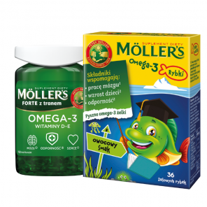 Zestaw Mollers Forte Omega-3 z tranem, kapsułki, 112 szt. + Mollers Omega-3 Rybki, owocowe, 36 szt. - zdjęcie produktu
